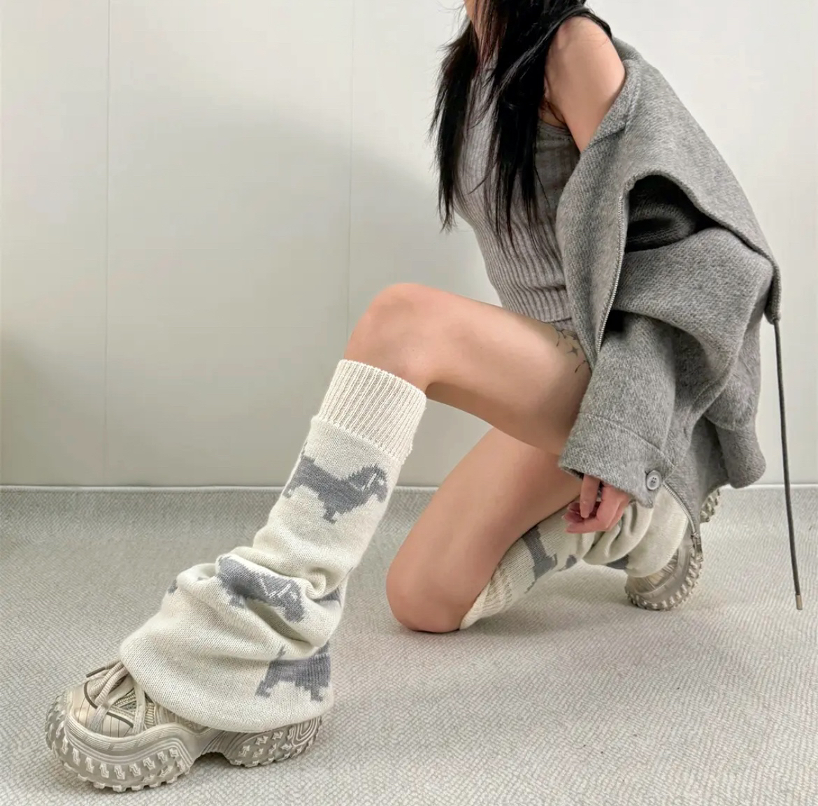 【花粉猫】秋冬新品设计感针织阔腿袜套腊肠犬狗狗提花堆堆袜套