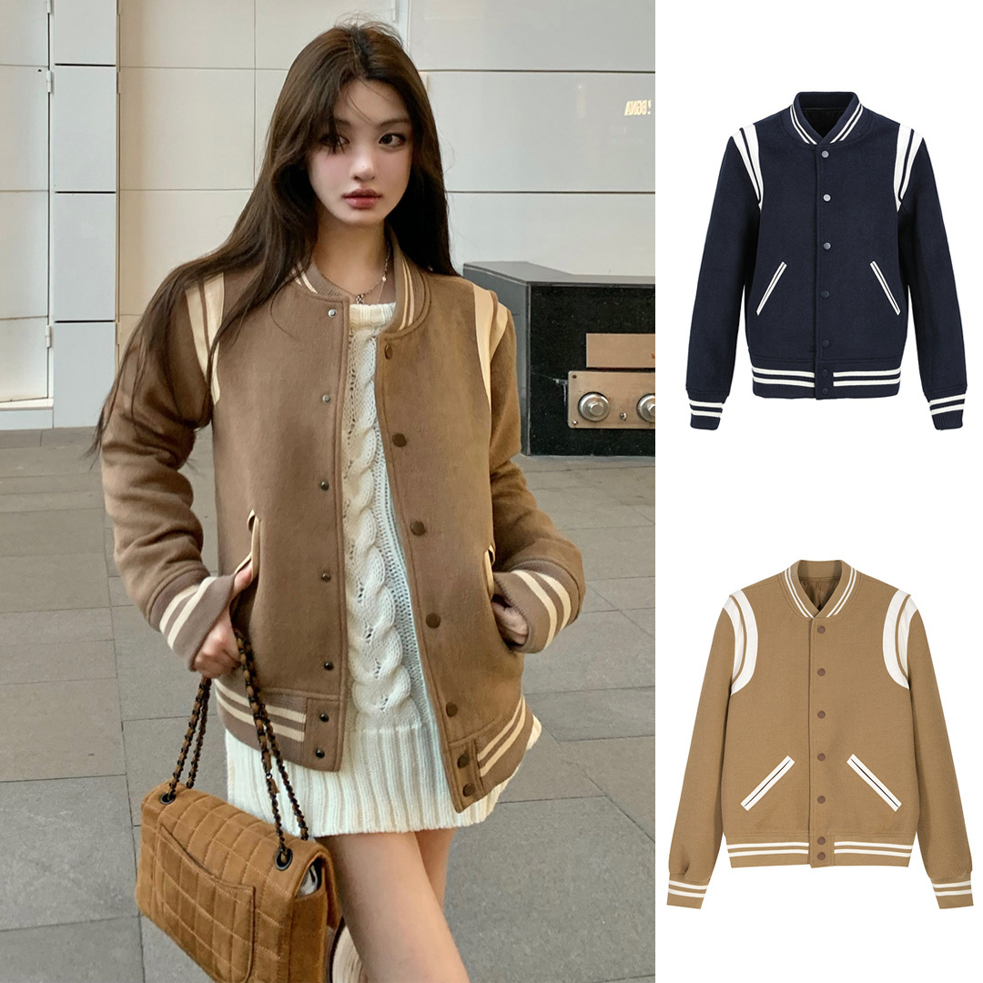【花粉猫】24秋冬新款磨毛短款外套女装双白条拼接撞色复古棒球服