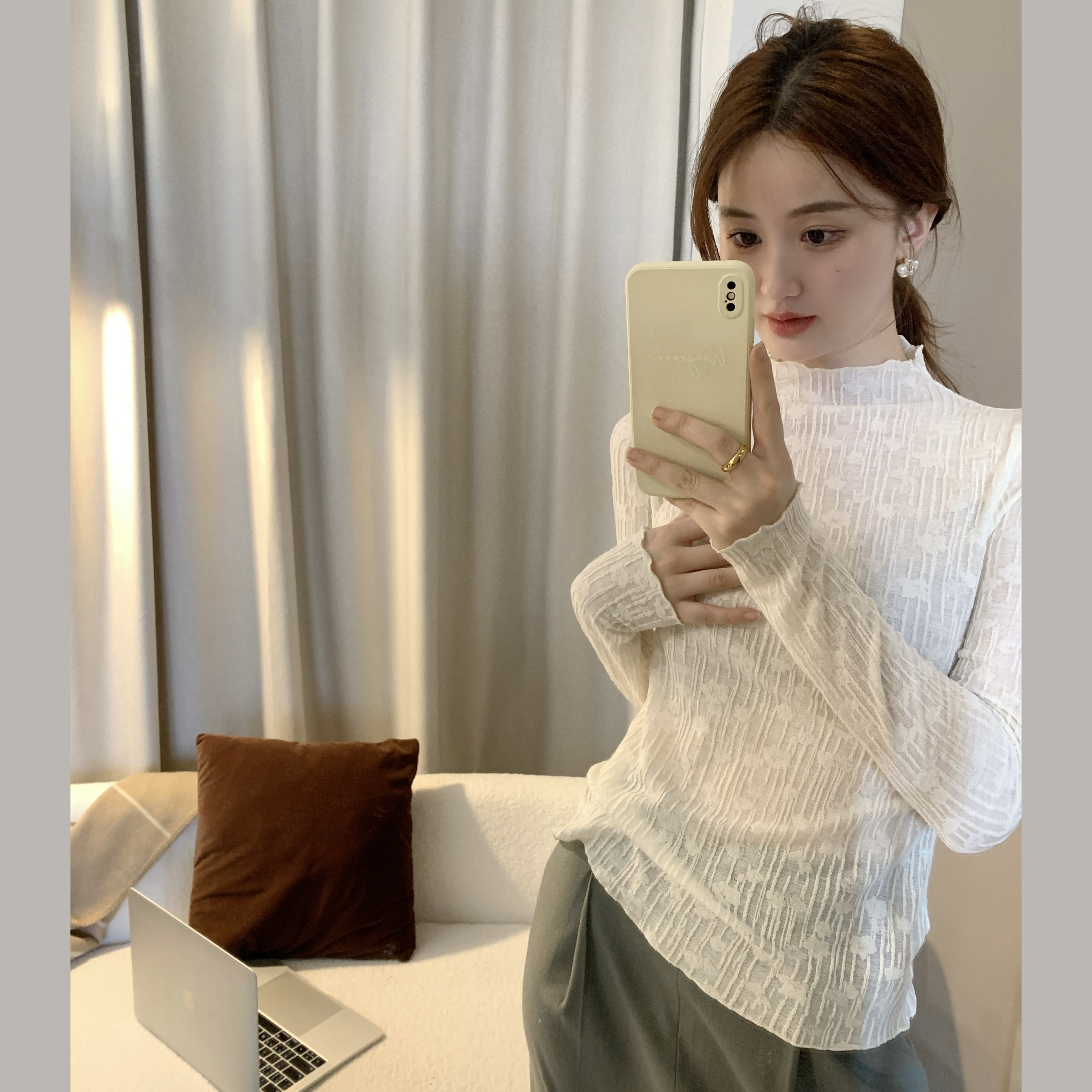 11wearing【束雅】立体气质花朵长袖衬衫女新款设计感上衣法式-159