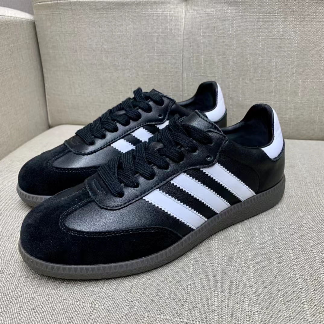 女鞋黑色德训真皮休闲平底板鞋