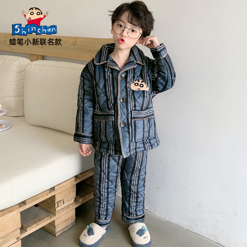 蜡笔小新三层夹棉儿童睡衣冬季加厚法兰绒男童加绒保暖家居服套装