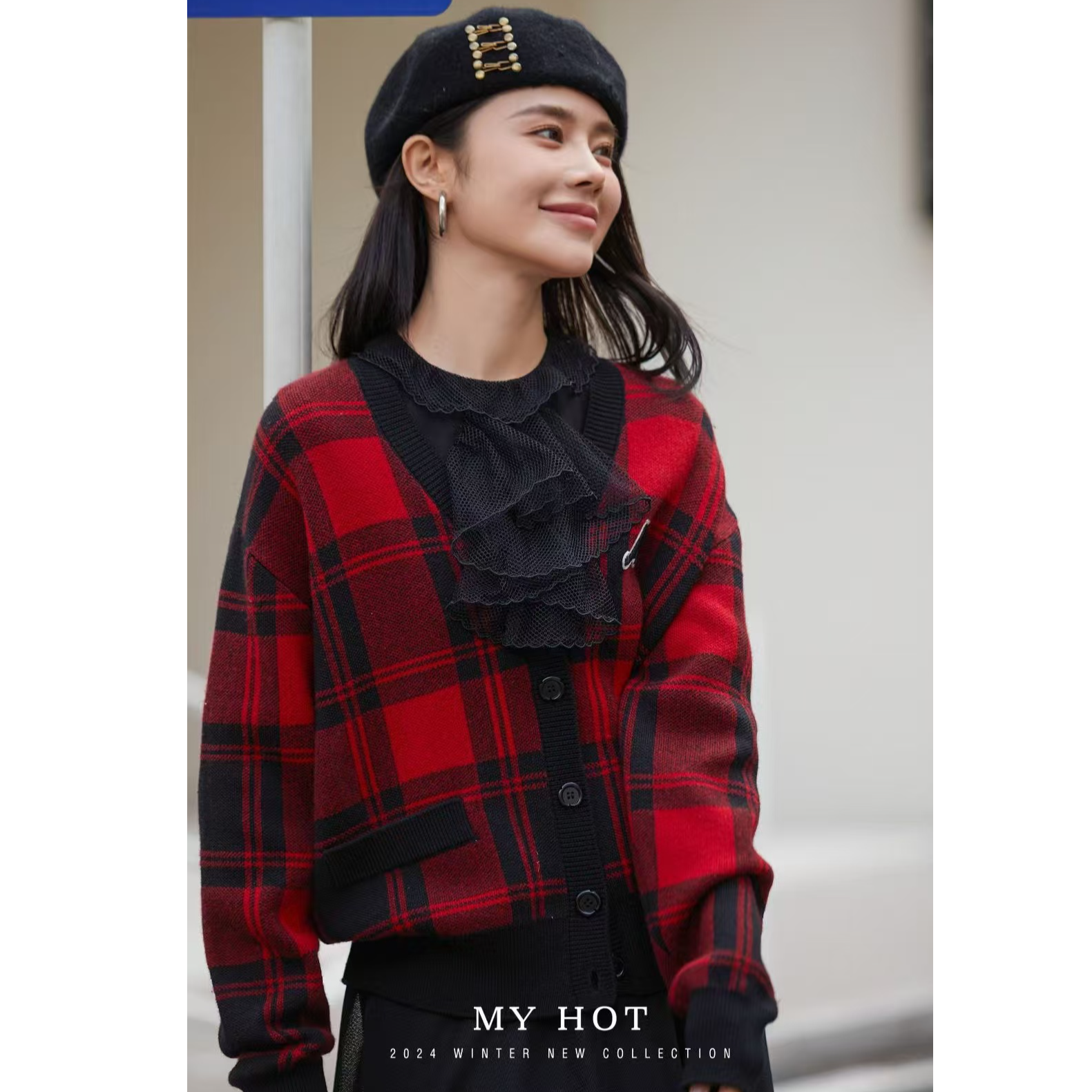 经典格纹毛织开衫