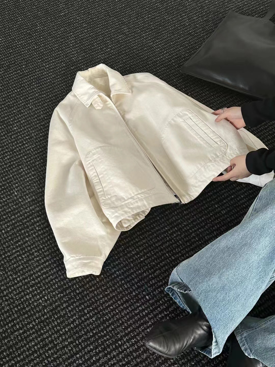 ShuiJING  气质条纹立领牛仔外套女设计感小众夹克