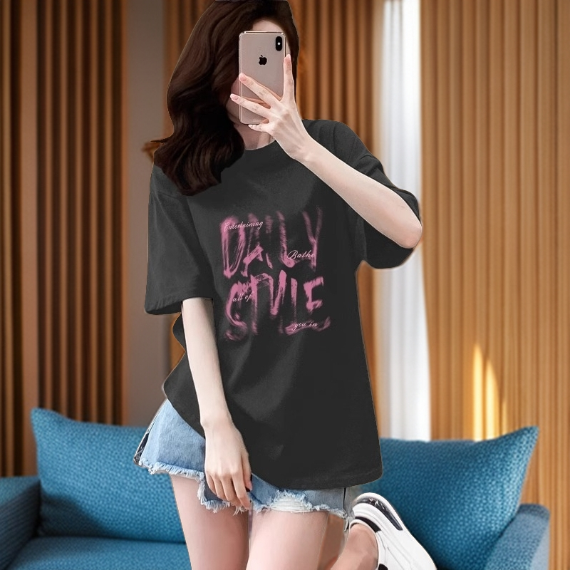 深灰纯棉正肩短袖t恤女夏季新款韩版宽松显瘦减龄小众半袖上衣ins