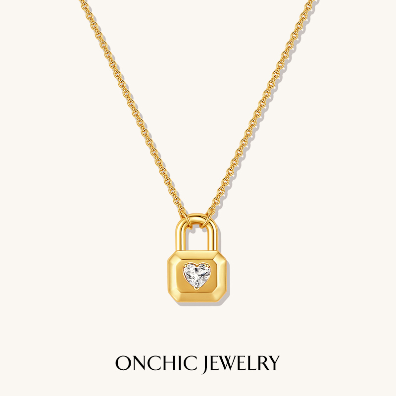 onchic 铜合金项链 镀18K金爱心锁项链简约气质百搭女轻奢精致ins