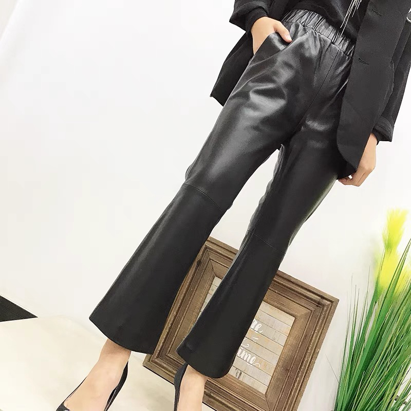 秋冬女士真皮皮裤修身显瘦绵羊皮微喇裤九分喇叭裤松紧腰高腰裤子