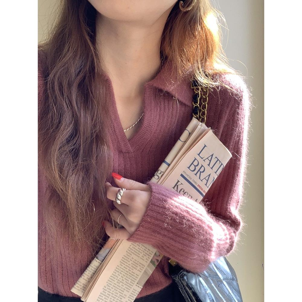 日系复古领针织衫女秋冬设计感小众软糯打底毛衣内搭翻领上衣