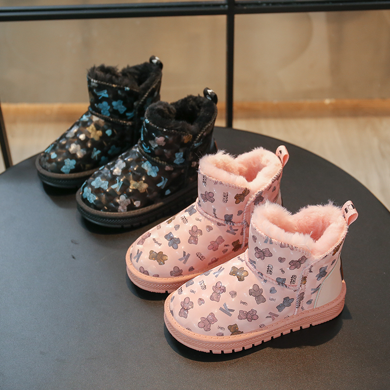 回力潮品儿童加绒加厚雪地靴2023年冬季新款女童可爱卡通小熊棉鞋