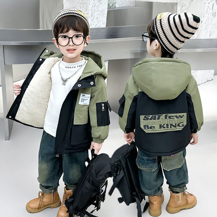 男童加绒秋冬装连帽加厚宝宝冲锋衣童装中小童冬款帅气棉衣棉服