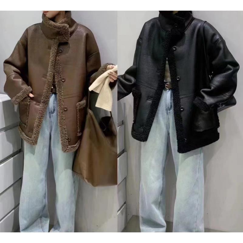 秋冬新款重工设计感复古拼接羔毛立领卡扣百搭机车风外套1112-D