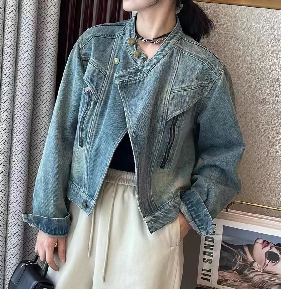 早秋新款时尚重工高级感机车风拉链领口卡扣气质休闲牛仔外套-G