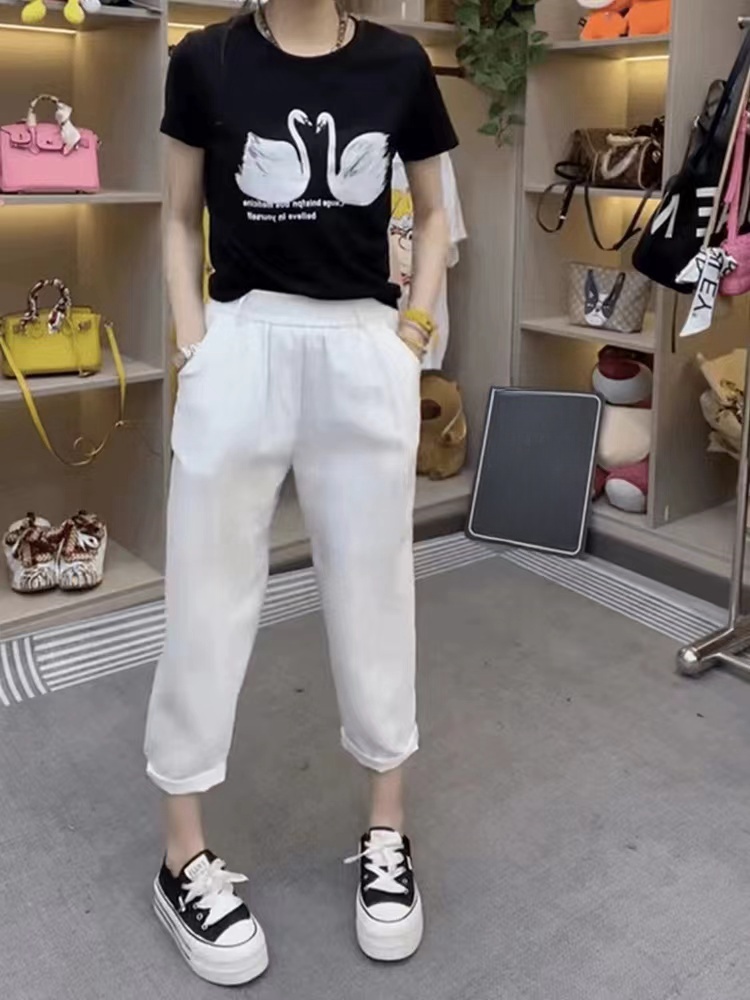 夏季新款简约气质纯色显瘦时尚减龄宽松薄款休闲百搭休闲裤6675-X
