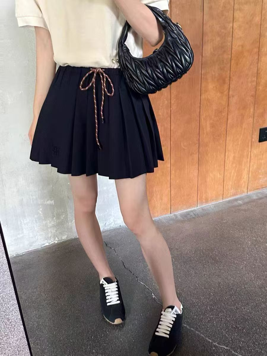 早秋新款时尚简约气质拼色抽绳宽松显瘦百搭褶皱短裙