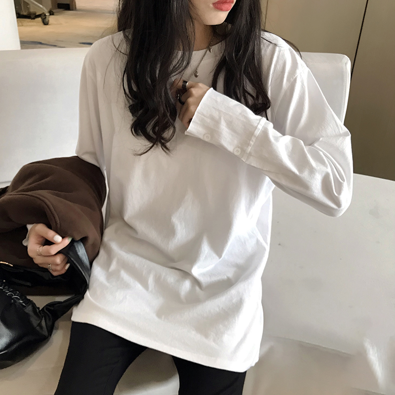秋冬叠穿显瘦中长款宽松纯棉白色长袖遮屁股内搭t恤打底衫女纯色