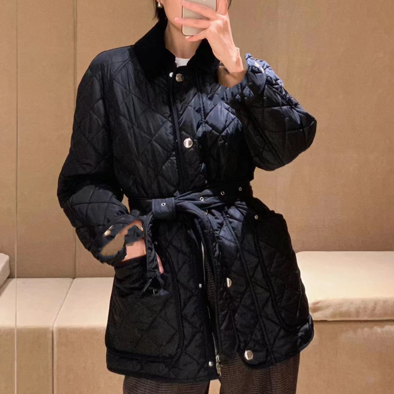 高级定制腰带灯芯绒领棉服女