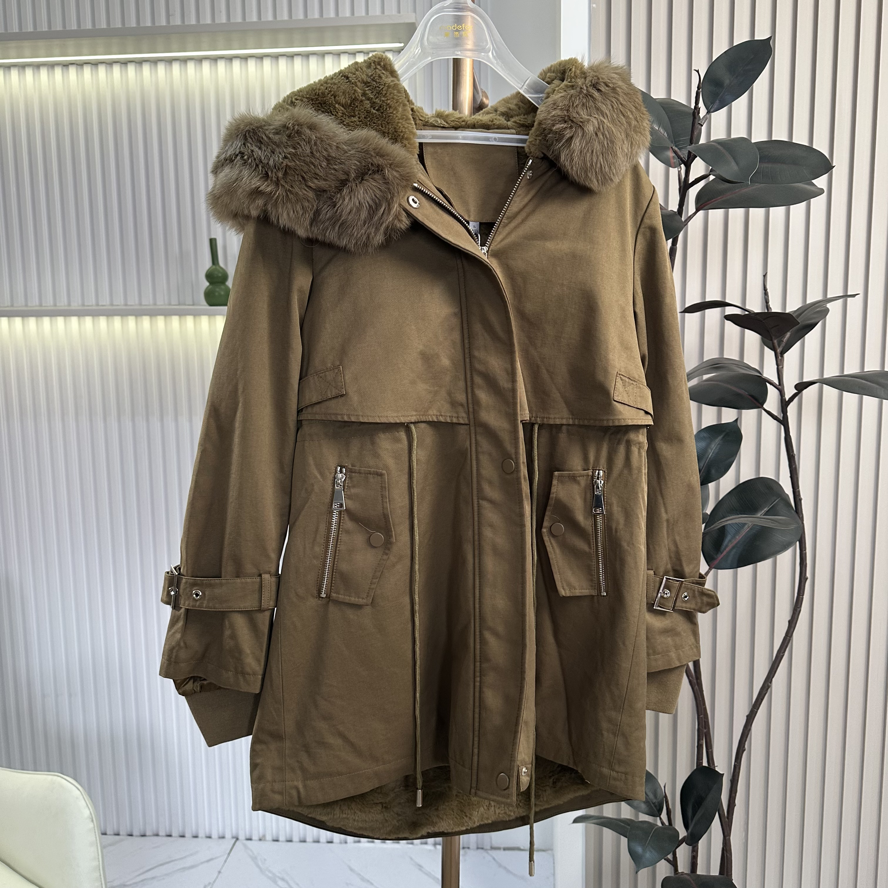 JX【A380毛领派克服】女款时尚女士黑色连帽中长款冬季休闲百搭