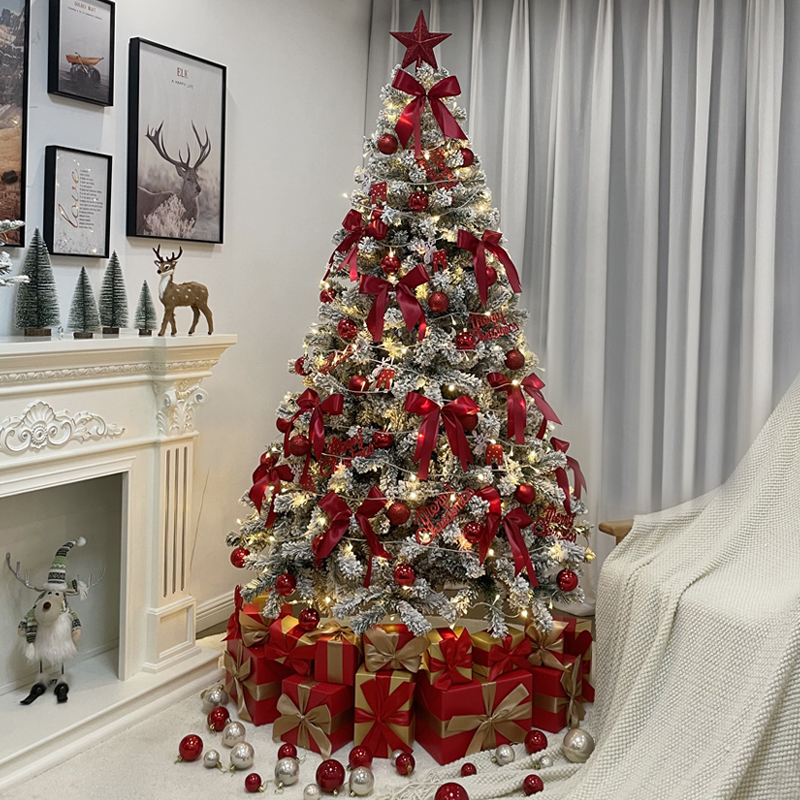 植绒圣诞树套餐红色仿真树1.2/1.5/1.8/2.1米圣诞树家用橱窗装饰