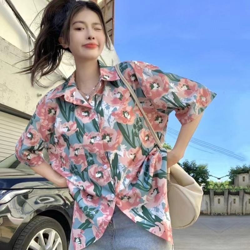 复古港风油画短袖花衬衫男女款夏季设计感小众韩版宽松百搭上衣服