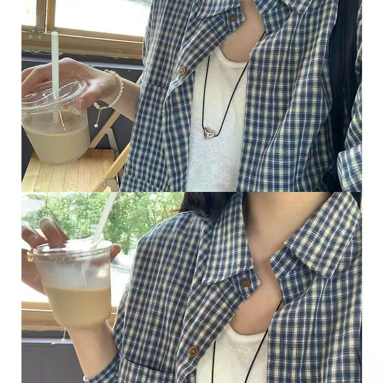 薄款韩版轻奢蓝色格子衬衫女春秋新款宽松遮肉显瘦长袖衬衣外搭