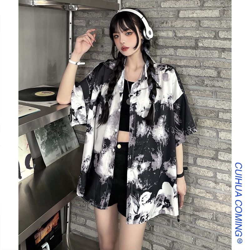 扎染衬衫女夏薄款宽松复古港风chic短袖衬衣女设计感小众别致上衣