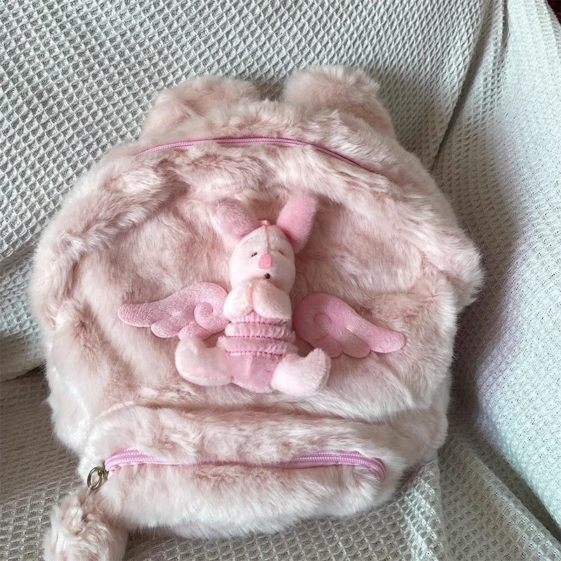 原创飞天小猪粉色双肩包秋冬毛绒可爱少女高颜值书包背包少女心