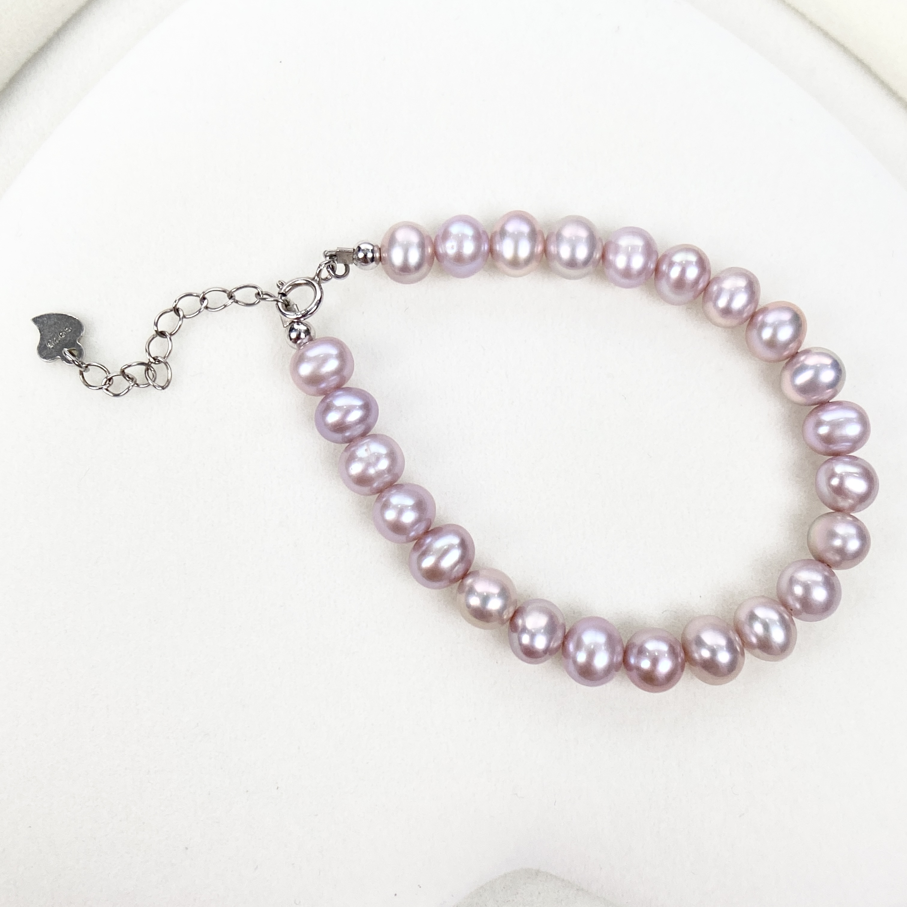 国风天然紫色淡水珍珠手链925银爱心尾链6mm左右近圆极强光无瑕