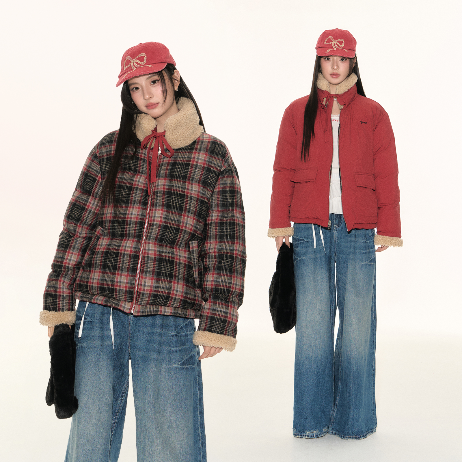 FPMZ双面穿复古红色格纹毛领棉服蝴蝶结绑带韩系面包服外套上衣