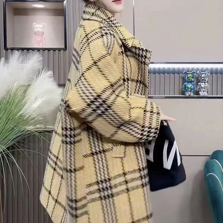 时尚百搭休闲加绒秋冬格纹韩版大衣