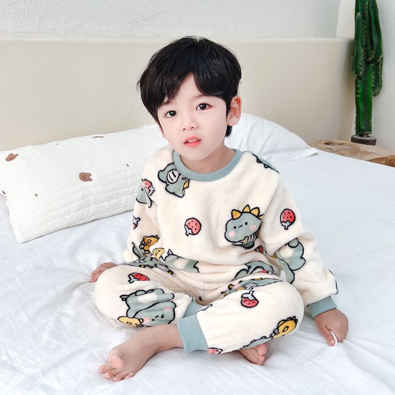 男童法兰绒睡衣2023新款秋冬季加绒加厚宝宝珊瑚绒儿童家居服套装