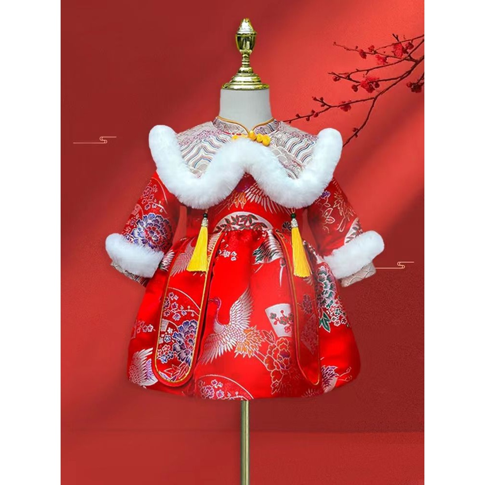 宝宝周岁礼服女冬季抓周唐装洋气中国风女童婴幼儿拜年服喜庆加厚