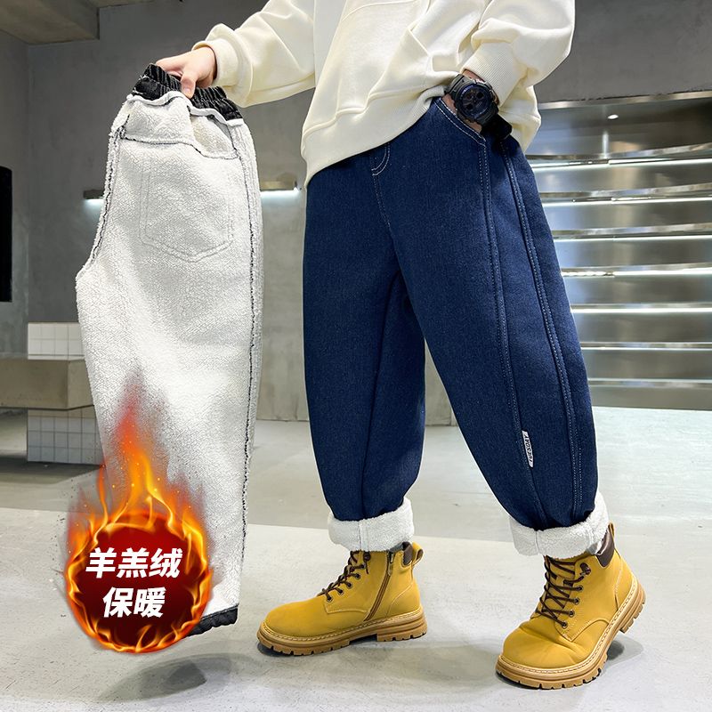 男童加绒裤子羊羔绒秋冬大儿童一体绒牛仔裤2023新款冬季棉裤外穿