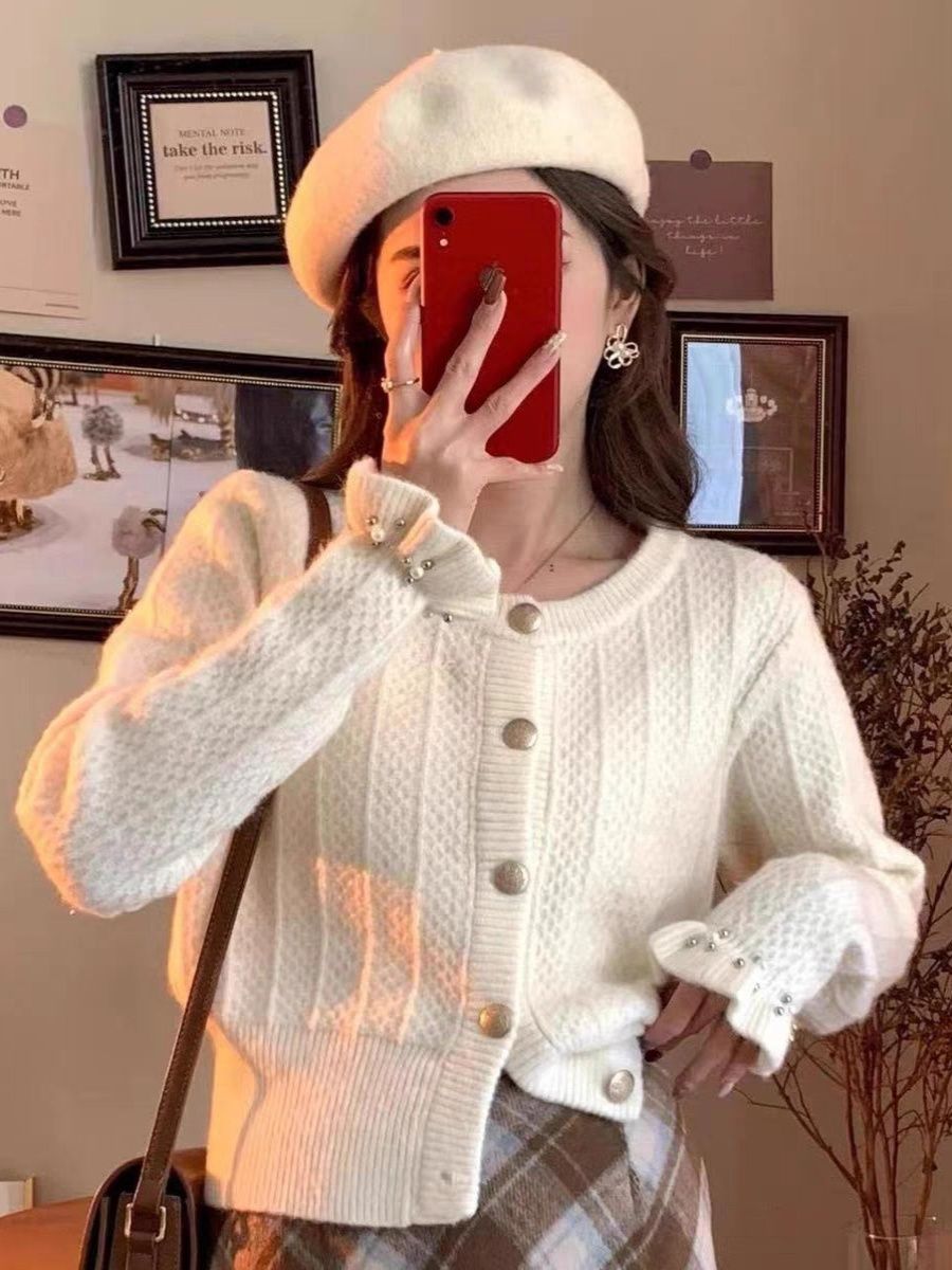 针织开衫女装2023秋冬新款复古上衣小个子百搭短款设计感毛衣外套