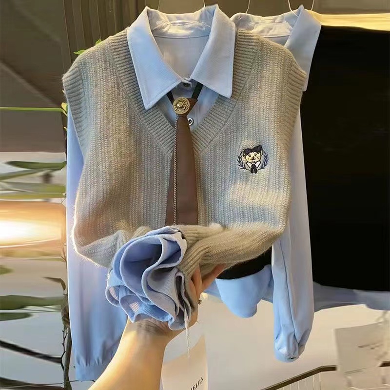 2025早春针织马甲两件套装女穿搭高级感学院风秋冬搭配一整套衬衫