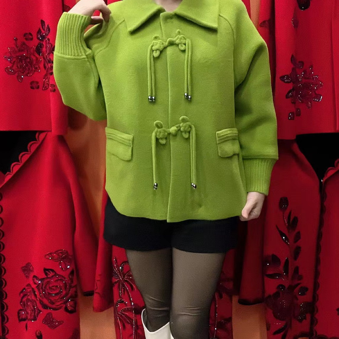 2024春秋妈妈新款颗粒绒上衣纯色盘扣洋气妈妈方领外套