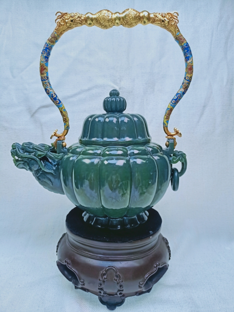 和田玉青玉 珐琅彩提梁龙头壶