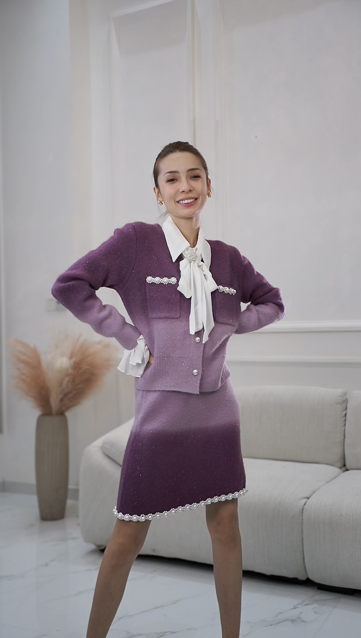 Muse·Ghp时尚气质渐变休闲小香风珍珠毛针织衫女秋冬款套装