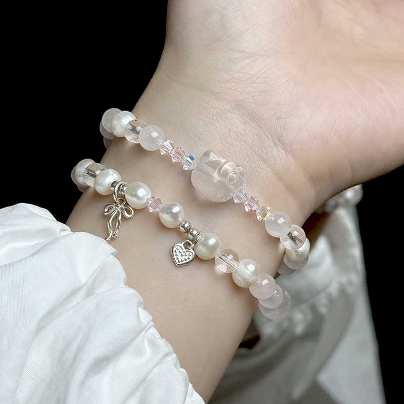 tx309-双圈粉晶白晶施华洛淡水珍珠s925银星星蝴蝶结粉晶kt猫手串