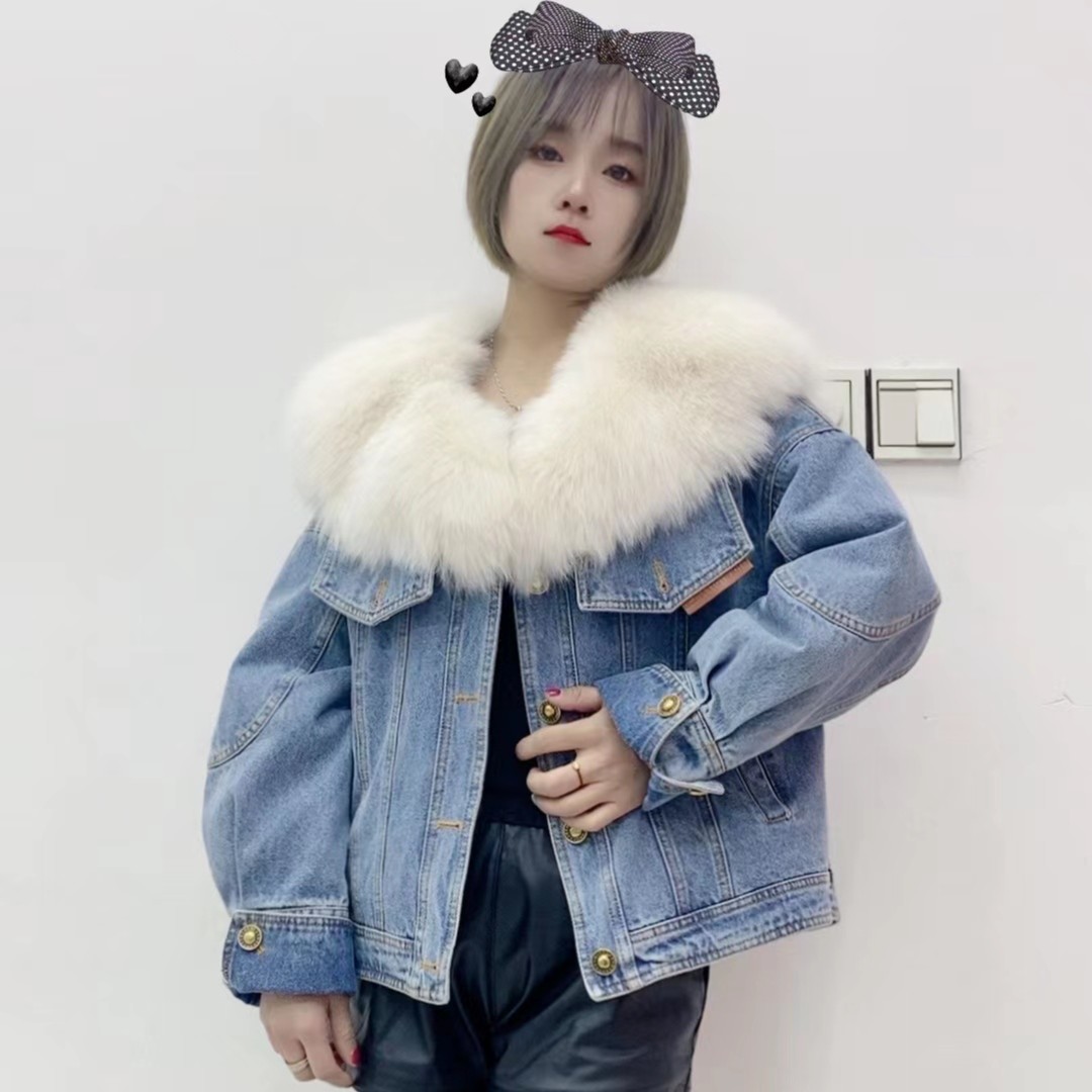 新款牛仔狐狸毛加羽绒海军领外套