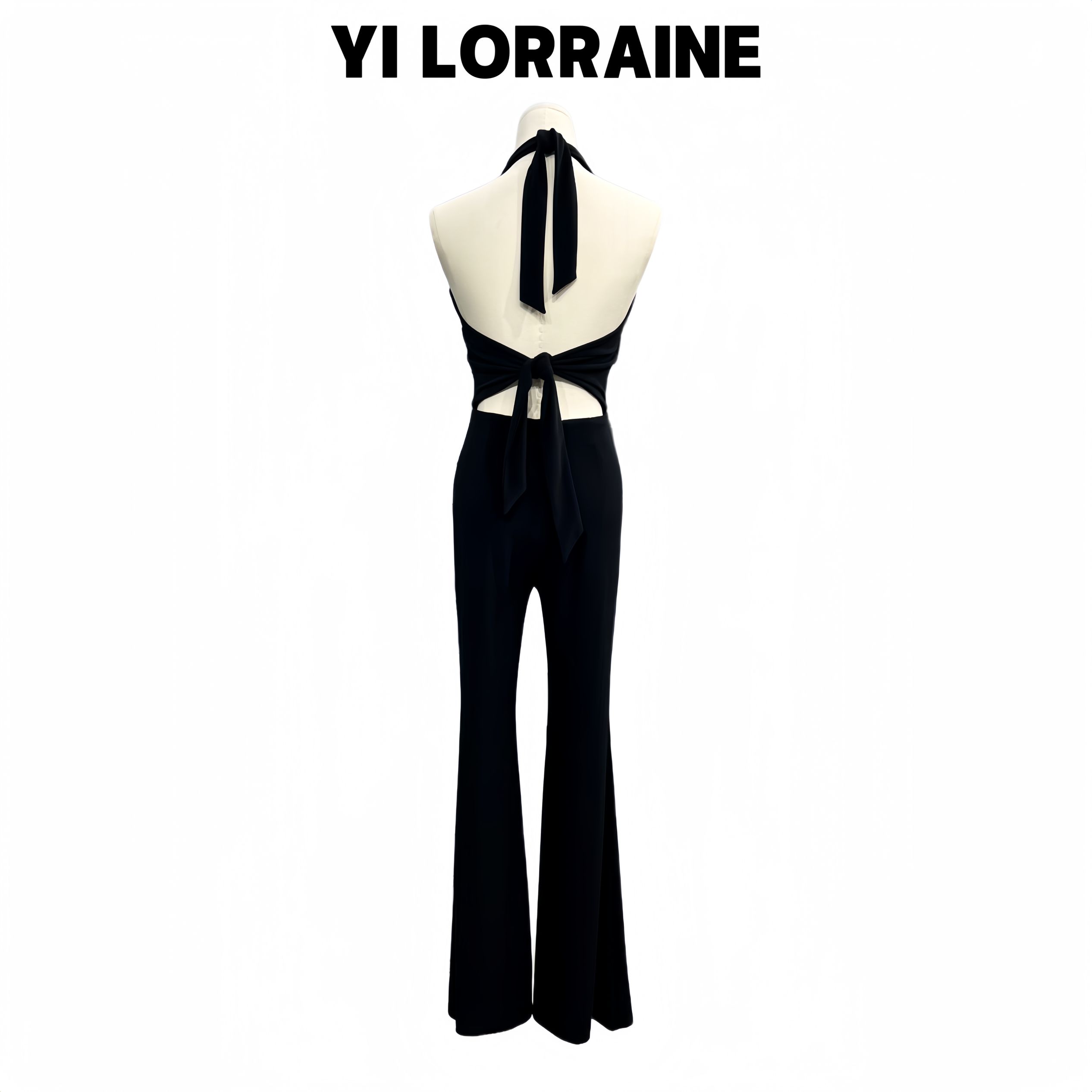 YI LORRAINE/旖洛琳原创设计进口冰丝系带美背连体喇叭长裤23W220
