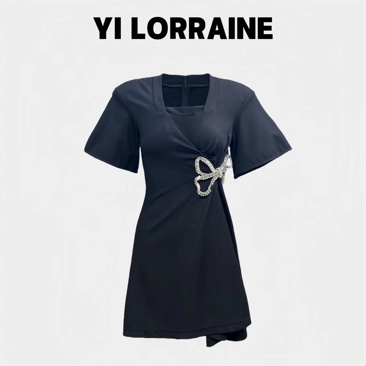 YI LORRAINE/旖洛琳原创设计显瘦小众设计手工蝴蝶结钻连衣裙007