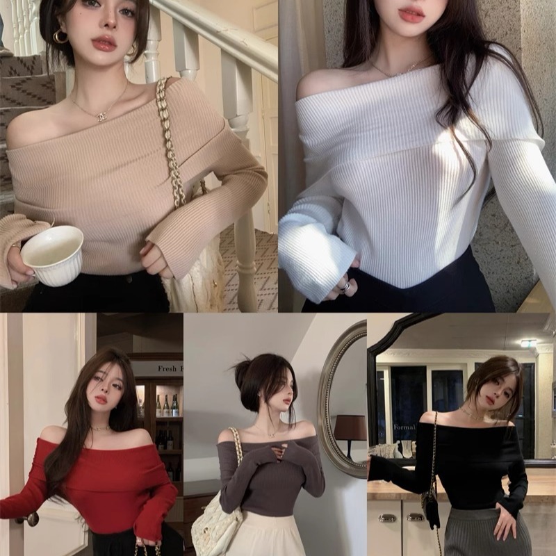 针织衫女一字肩设计感修身薄款上衣秋季时尚百搭性感长袖卡其女装