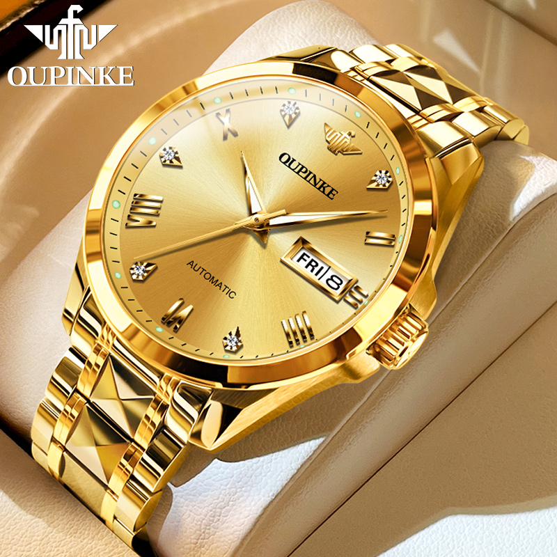 官方瑞士欧品客进口机芯百搭金色奢华经典高档潮流简约男表3171