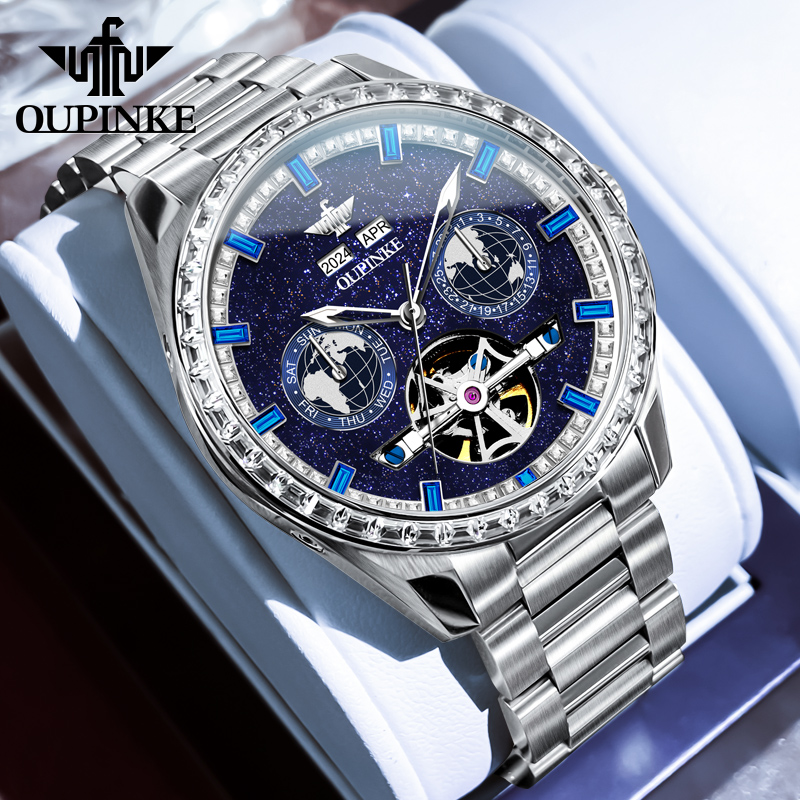 瑞士欧品客多功能经典时尚潮流全自动镂空镶钻百搭高档机械手表