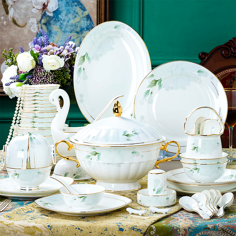 金幽兰香60件景德镇豪华套装 骨瓷餐具轻奢中式家用乔迁送礼碗碟