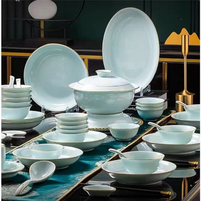 描金影青高白泥56件（送高档皮箱装）景德镇骨瓷餐具轻奢送礼碗碟盘