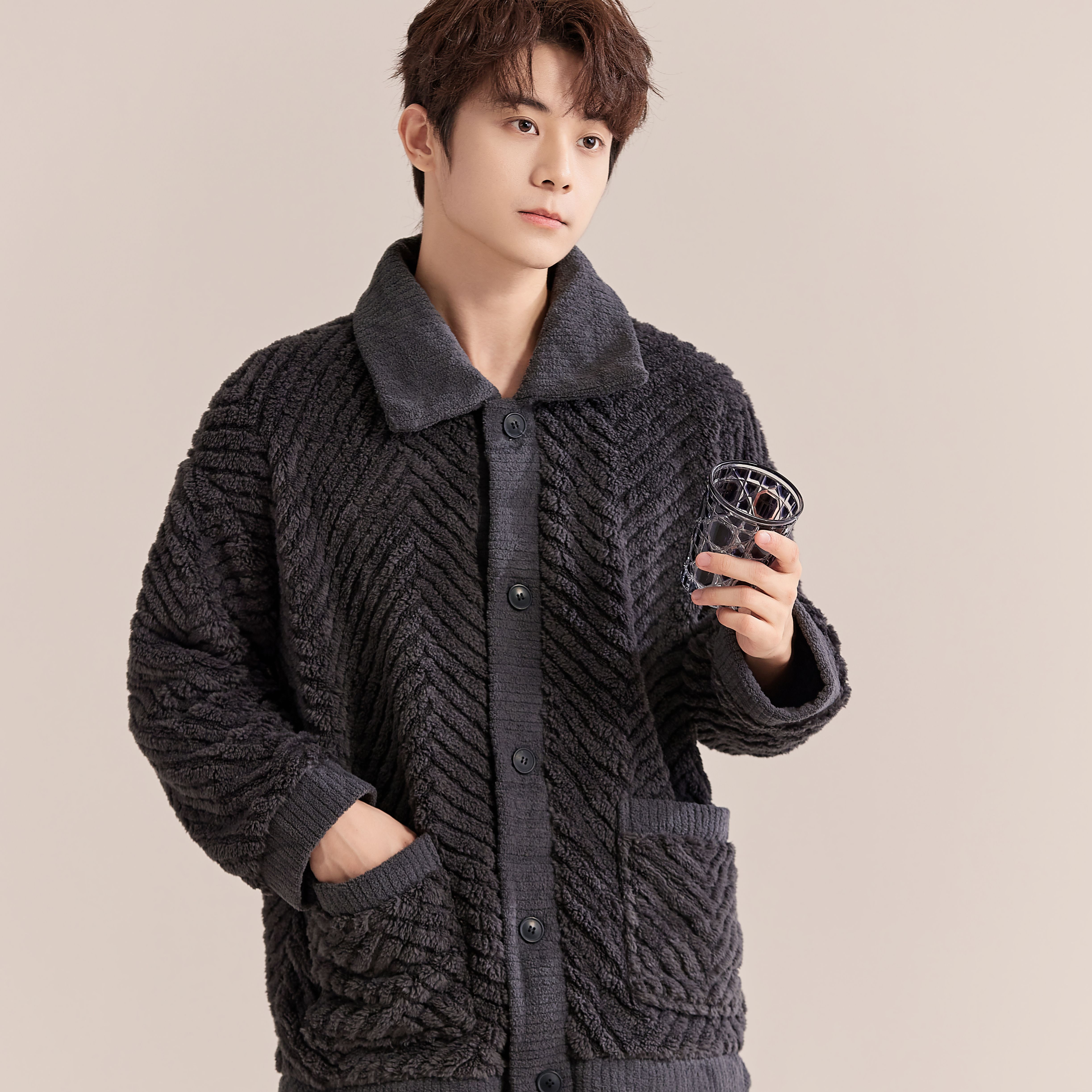 HAREECISU【小资生活】睡衣男士秋冬加绒加厚家居服套装