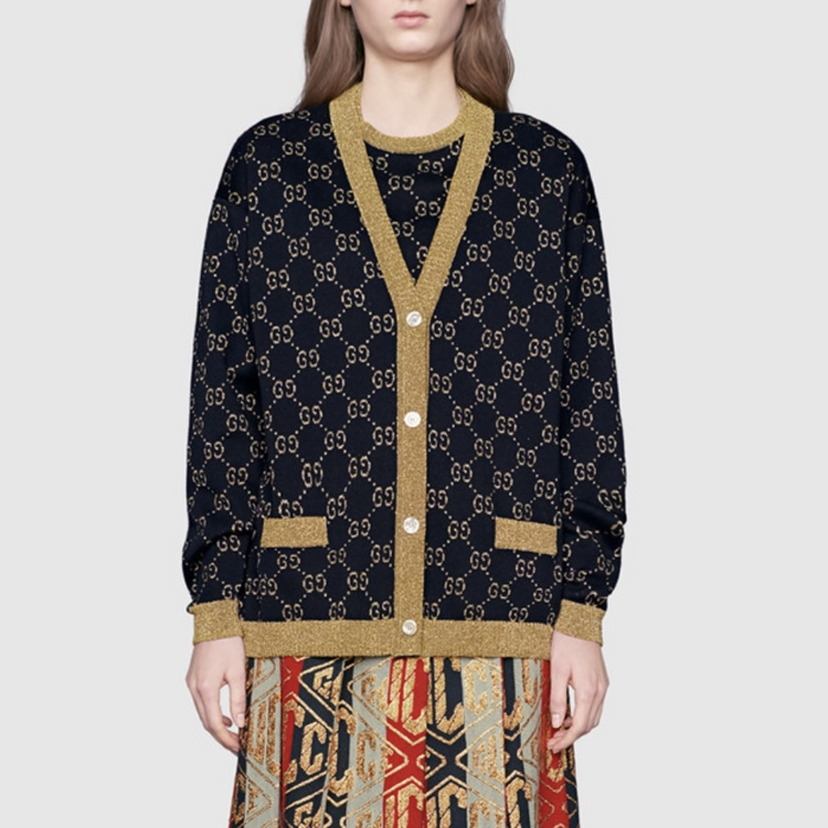 99新 GUCCI/古驰 8184/GUCCI 满印Logo单排扣长袖针织衫/L码/99新
