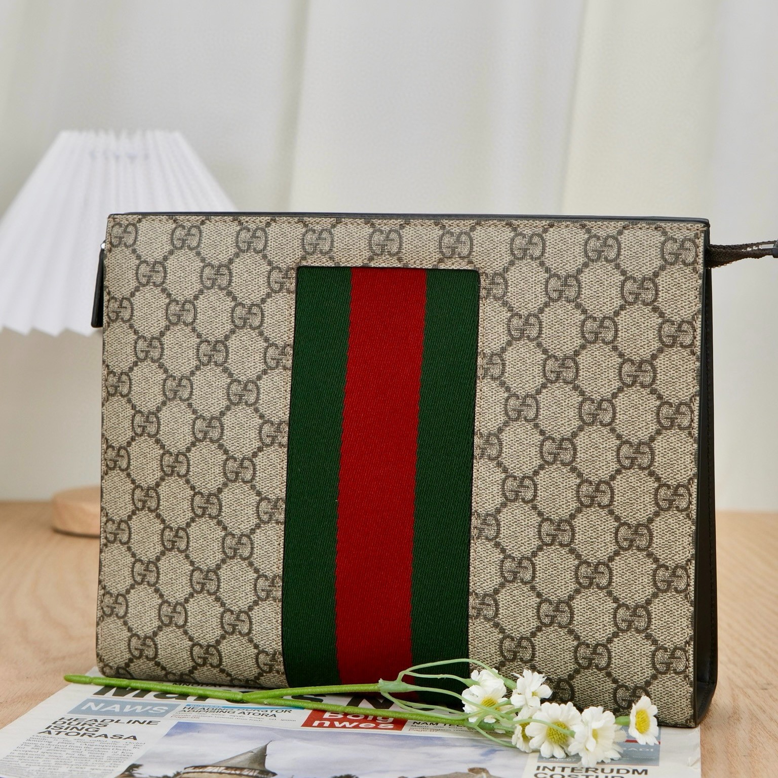 99新 GUCCI/古驰 （6065) 经典棕老花红绿织带洗漱包手拿包