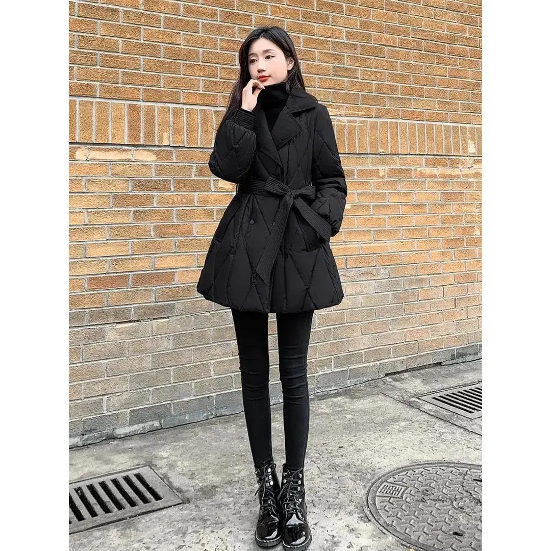 波司澄2023新款女装冬修身收腰中长款羽绒羽绒服女黑色显瘦西装领