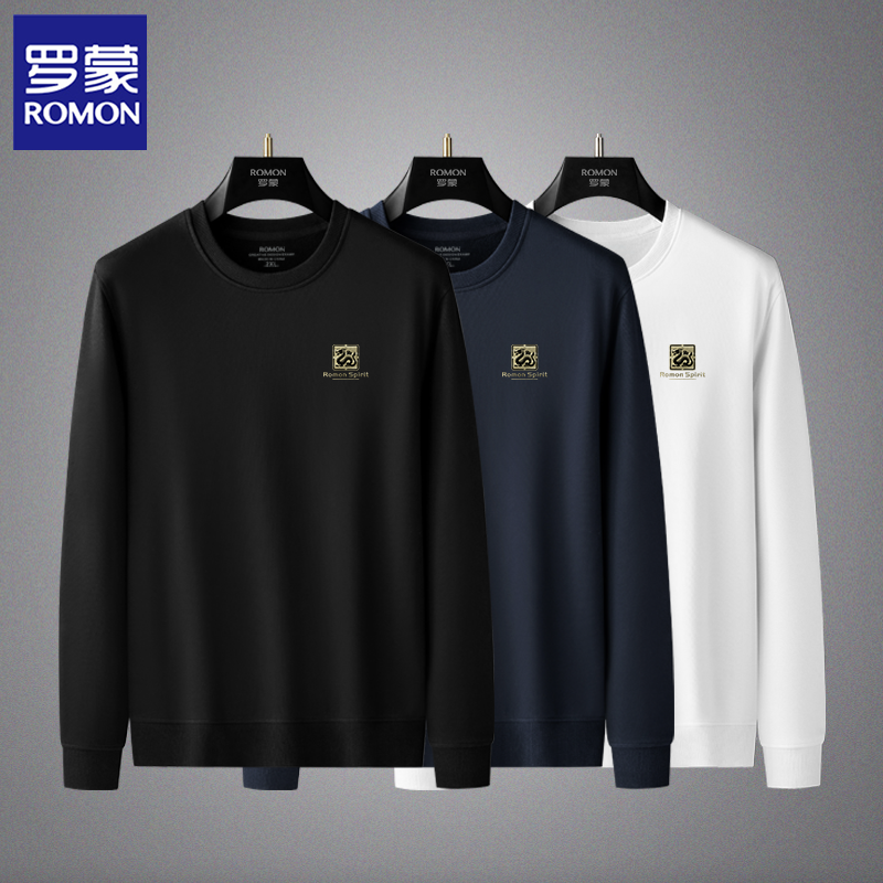 Romon/罗蒙新款男士秋冬烫花圆领卫衣休闲商务打底衫男装DX5007